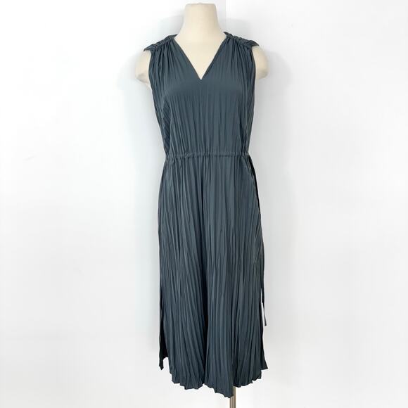 Vince Pleated Satin Cinch Waist Resort Midi Dress Tide Pool S NWOT - Picture 2 of 11